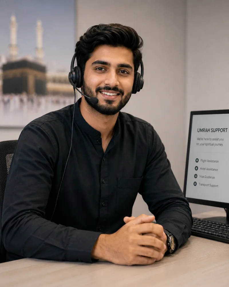 An Umrah Companions support agent at his desk